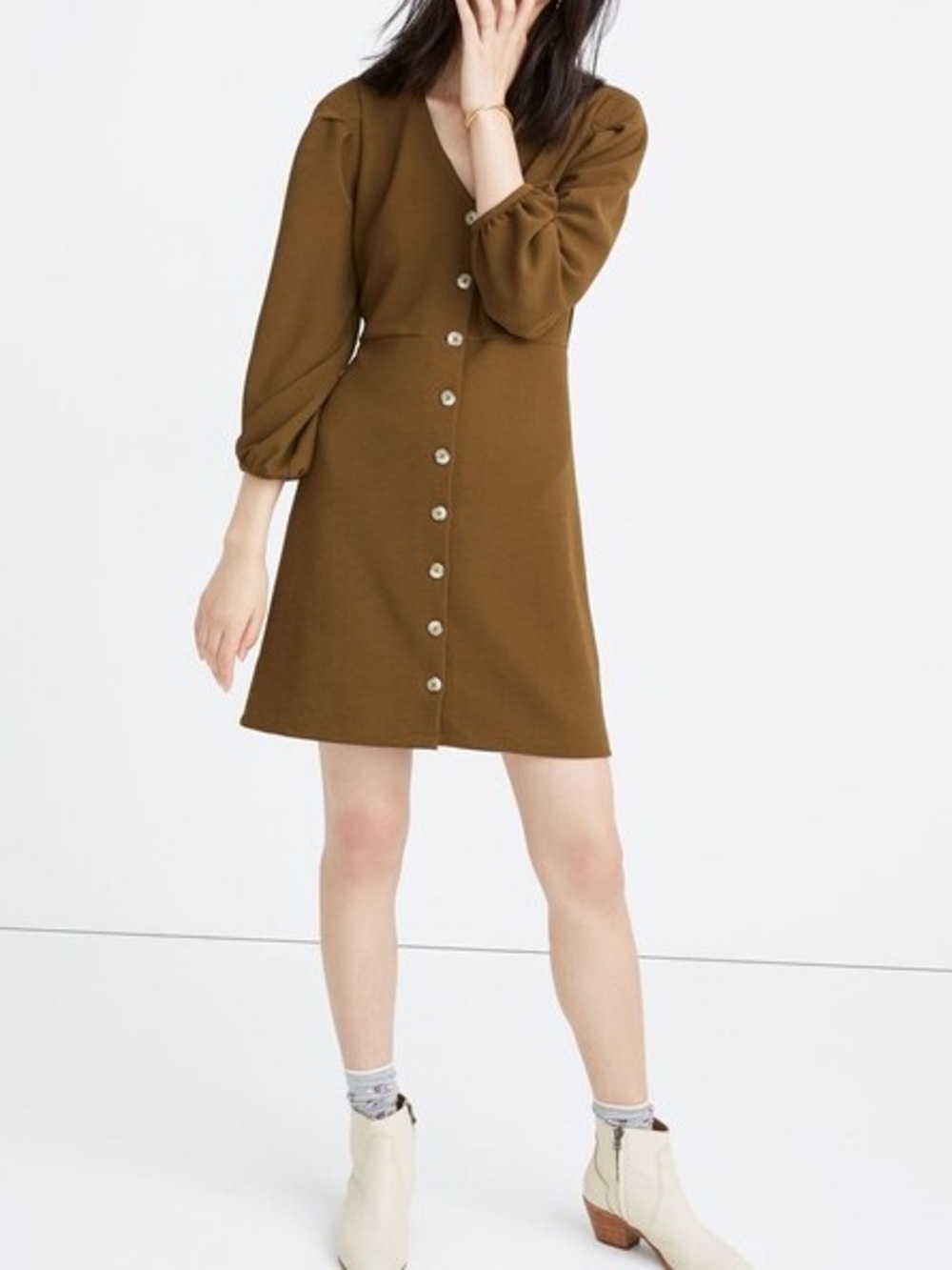 Madewell Texture & Thread Crepe Balloon-Sleeve Dress Asparagus Olive Green XS